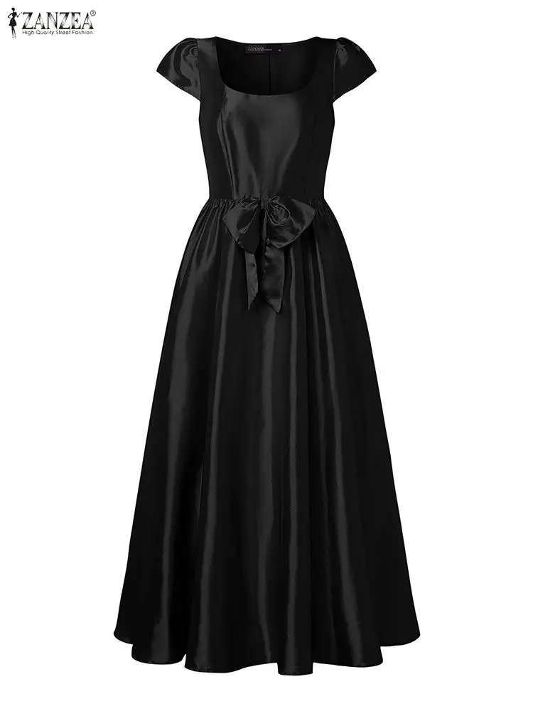 2025 ZANZEA Square Neck Waisted Maxi Dress Women Robe Stylish Party Dress Summer Solid Satin A Line Sundress Clubbing Vestidos