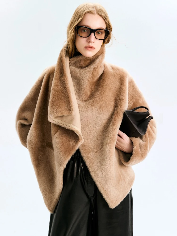 

High-end Luxury Merino Sheep Fur Jackets Women Simple Irregular Collar Double-sided Wear Winter Genuine Leather Real Fur Coat