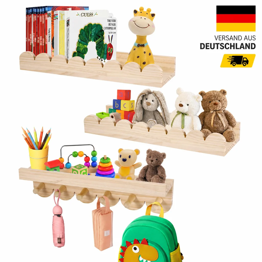 Schwebende Wandregale für Kinderzimmer, 40CM Gewelltes Holz-Bücherregal mit Haken für Jungen- und Mädchenzimmer, Badezimmer und Deko-Aufbewahrung, Wandregal für Bücher, Pflanzen, Spielzeug,