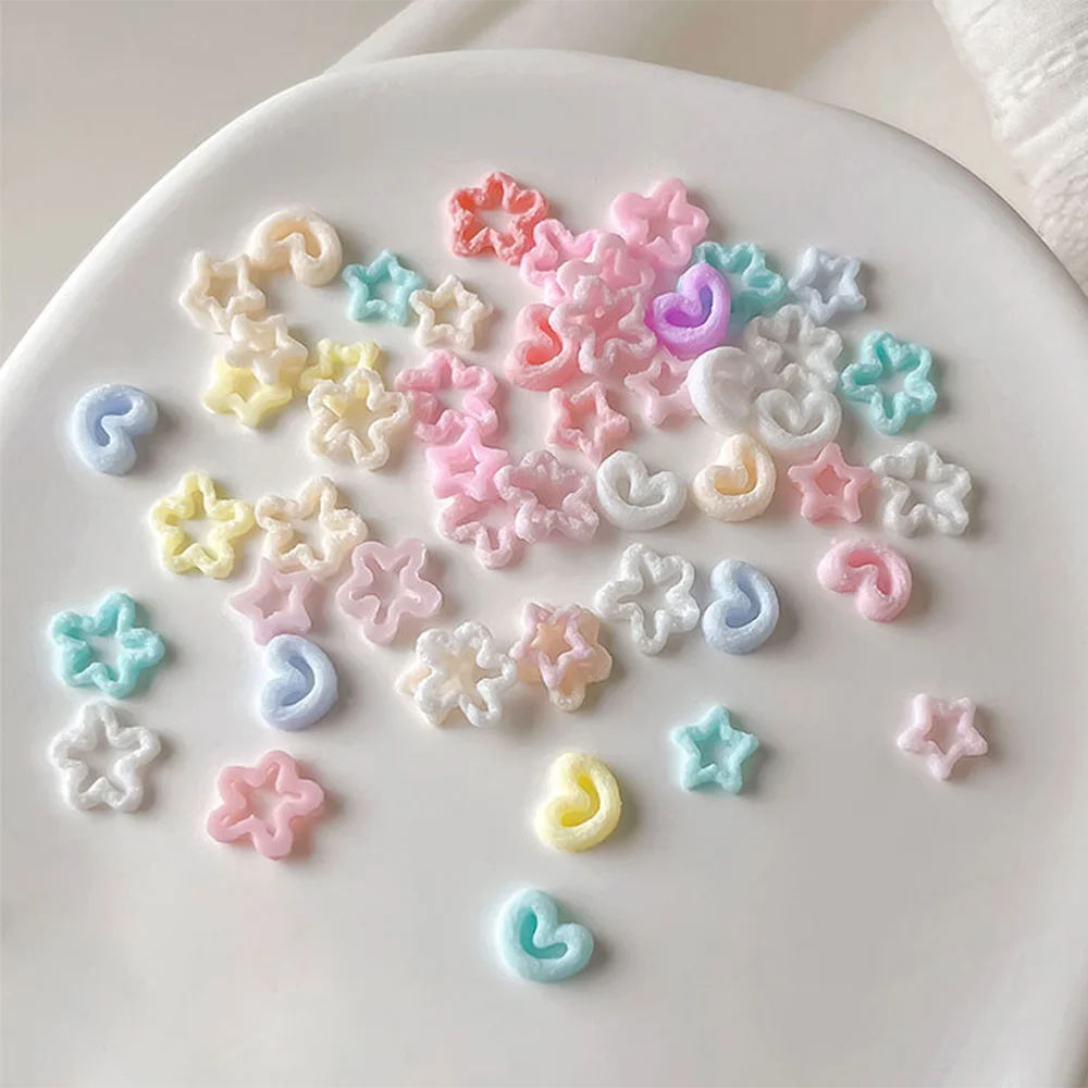 50PCS Mix Macaron Sugar Sand Hollow Star Heart Nail Charms, 3D Resin Candy Color, Kawaii Y2K DIY Nail Art Decoration Accessories