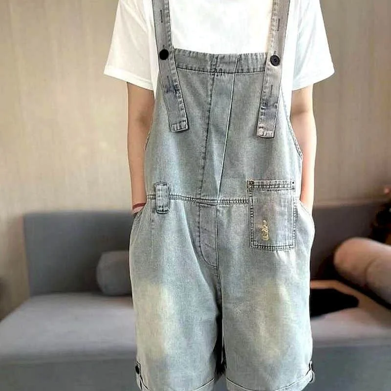 

Jumpsuits for Women Blue Denim Vintage Casual Korean Fashion Playsuits Loose Wide Leg Shorts One Piece Outfits Women Clothing