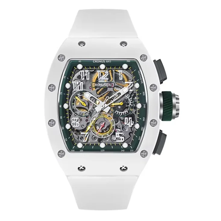 CRONUSART Men Chronograph Watch 50mm Tonneau Automatic Mechanical Wristwatch Sapphire Mirror Waterproof Luminous FKM Strap