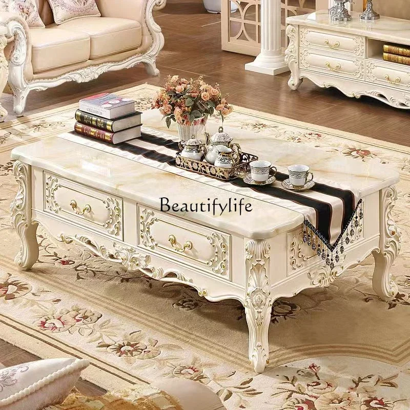 

European coffee table full solid wood carving flower marble living room high-end tea table ivory white