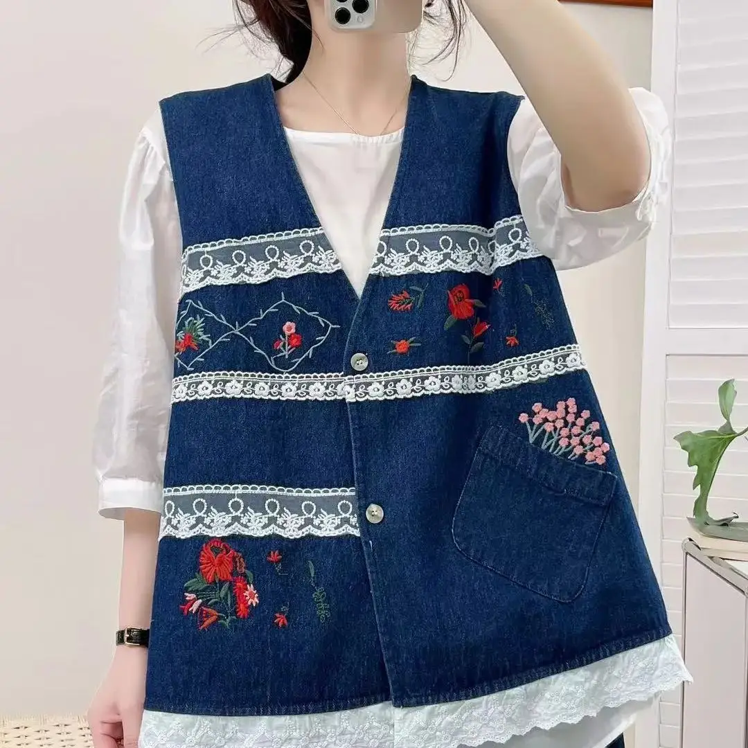 Lace patchwork denim vest for women autumn vintage floral embroidered v neck jean vests female waistcoat mori girl