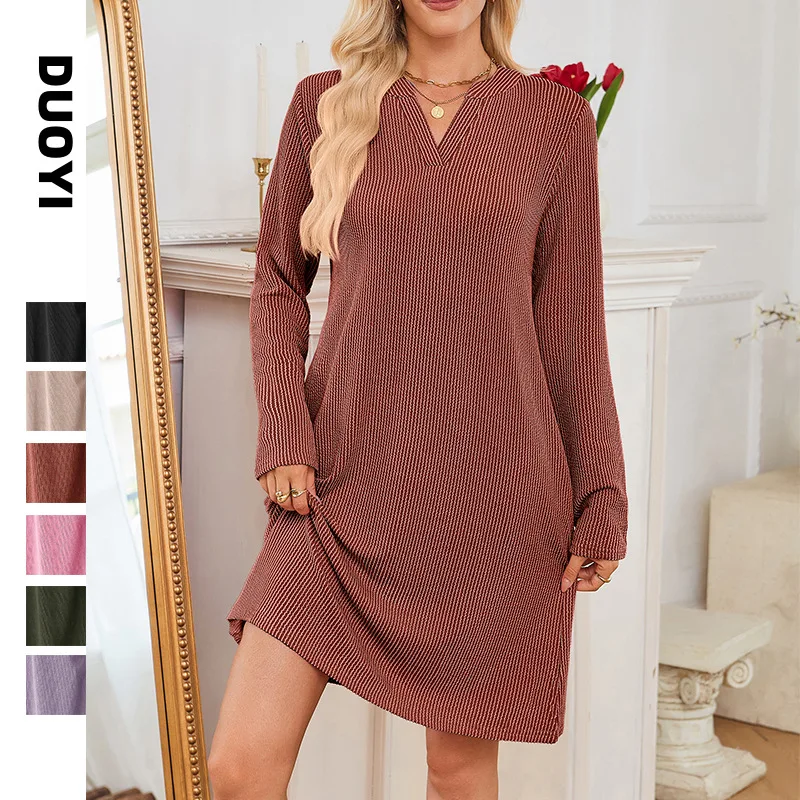 

2025 Fall/Winter Women's Loose V-Neck Long Sleeve Dress for Export
