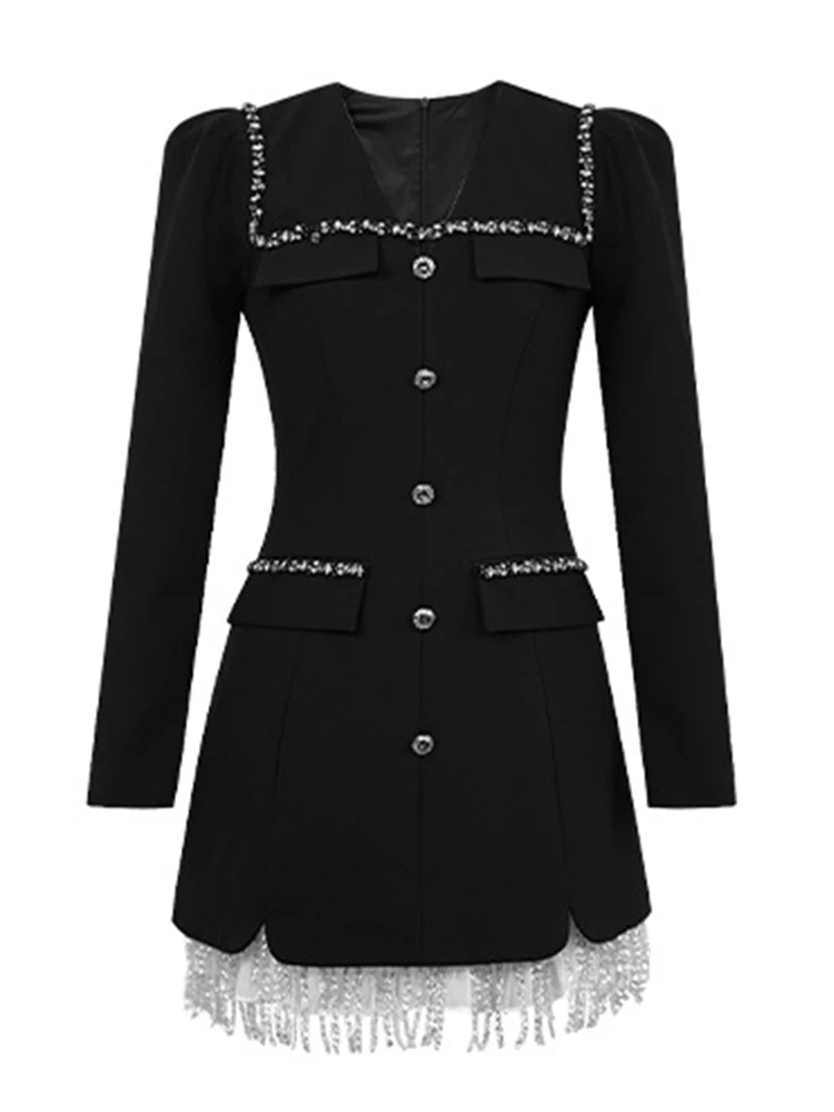 Women Clothes Black Vintage Sparkly Diamonds V-Neck Slim Mini Short Dress Elegant Party Prom Vestido Fashion Formal Occasion New