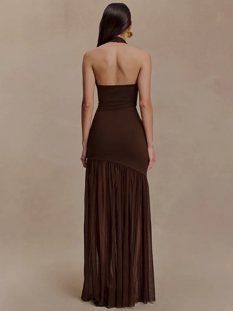 Articat élégant sans manches licou cou évider maille Patchwork femmes robe longue Sexy dos nu robe moulante fête robe de soirée