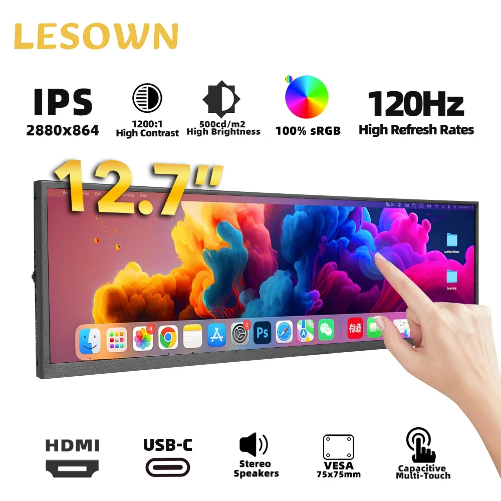 LESOWN 12.7 inch Bar Monitor 2.5K 2880x864 120Hz USB C HDMI IPS Wide Touchscreen 500nits Gaming Extender Secondary Display