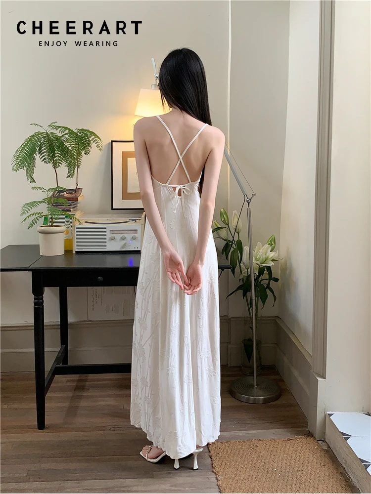 CHEERART Designer Backless Floral White Long Slip Dress Cut Out Tunics A Line Evening Luxury Dresses Women 2024 Summer Clothes