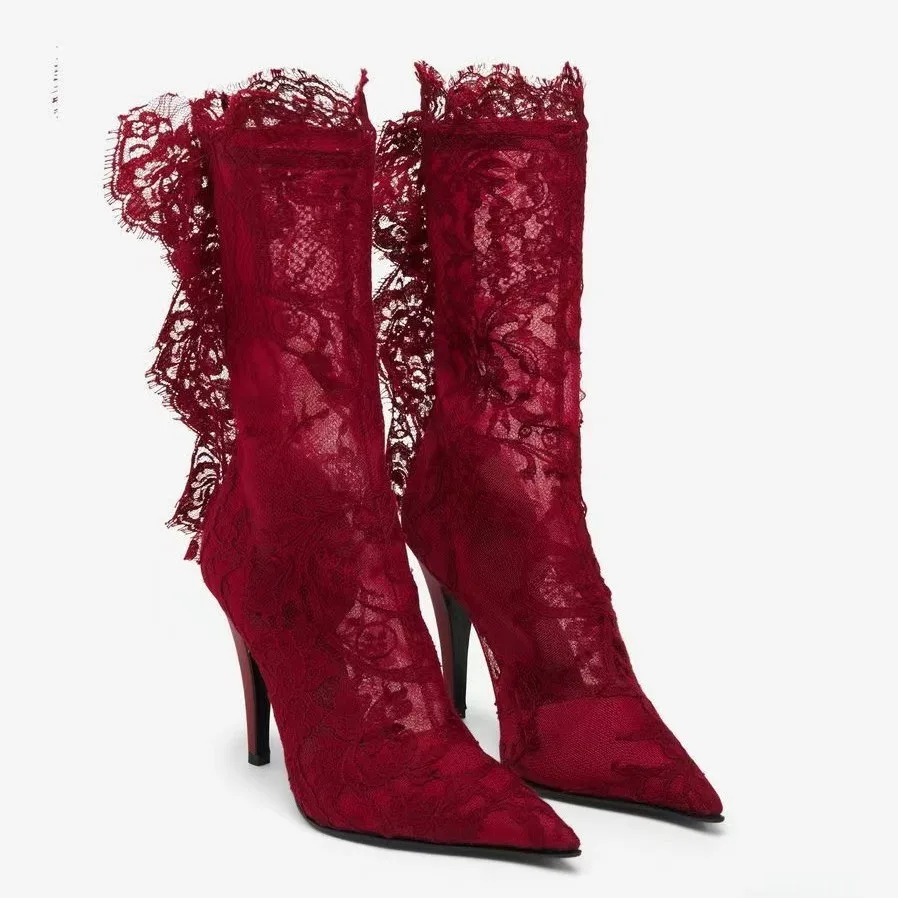 

Women's Red/Black Sexy Lace Mid Calf Boots Pointed Toe Stiletto High Heel Elegant Party Evening Shoes Transparent Floral Design