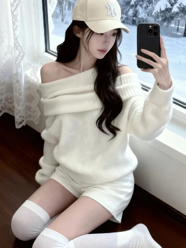 

Белый свободный женский осенне-зимний комплект, брюки с высокой талией, комплект из двух предметов, удобный свитер, модный свитер на голову