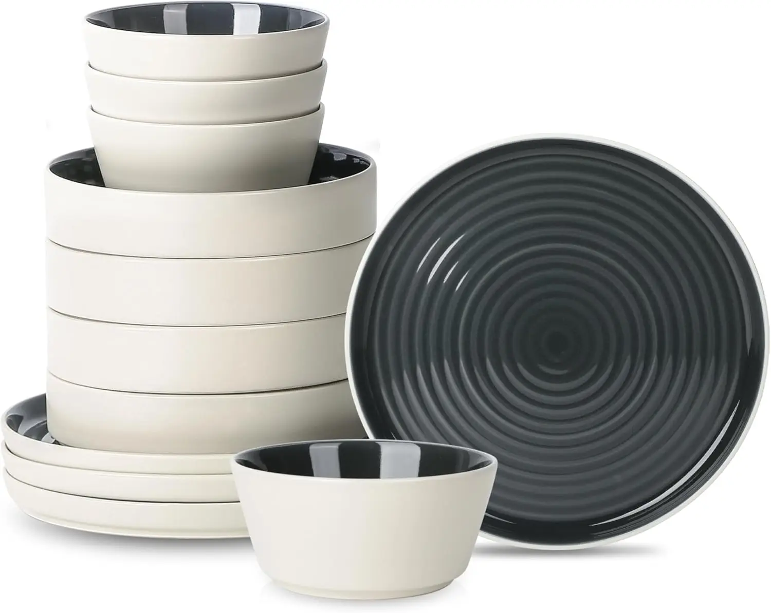 

Elica 12-Piece Modern Dinnerware Set Stoneware, Plates and Bowl Sets for 4, Black and Beige