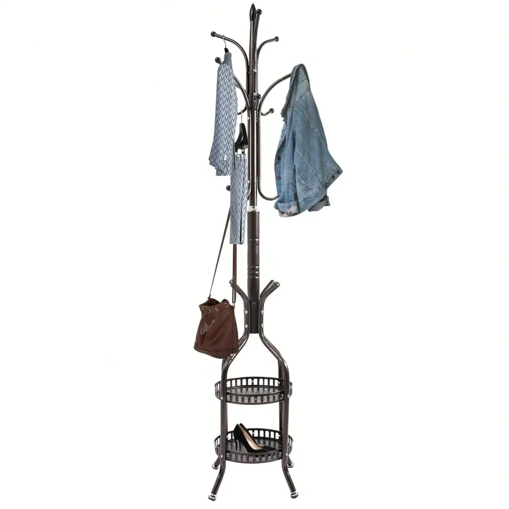 

Metal Coat Rack Stand With Double Layer Basket,Coat Rack Freestanding Hat Hall Tree With 12 Hooks For Hanging Scarf,Bag,Jacket,