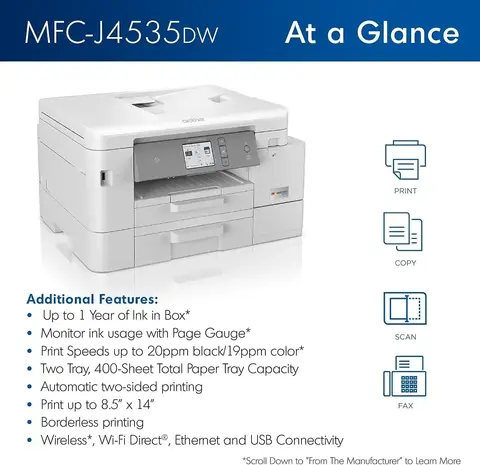 Hot-sellingMFC-J4535DW INKvestment -Tank All-in-One Color Inkjet Printer with NFC, Duplex Wireless Printing Plus Up to 1-Year of