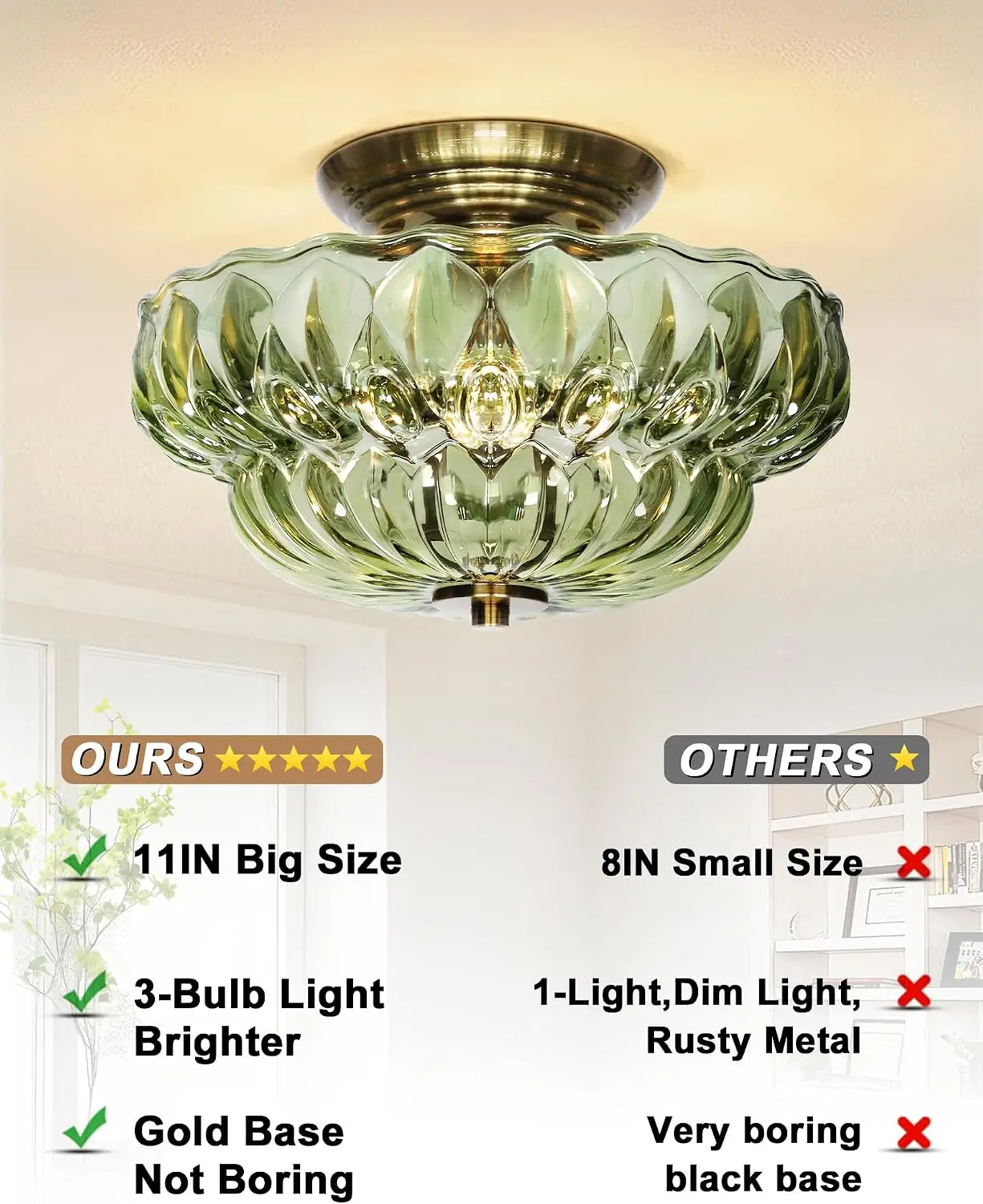 Gold Vintage Semi Flush Ceiling Light Three Bulb Bright Hallway