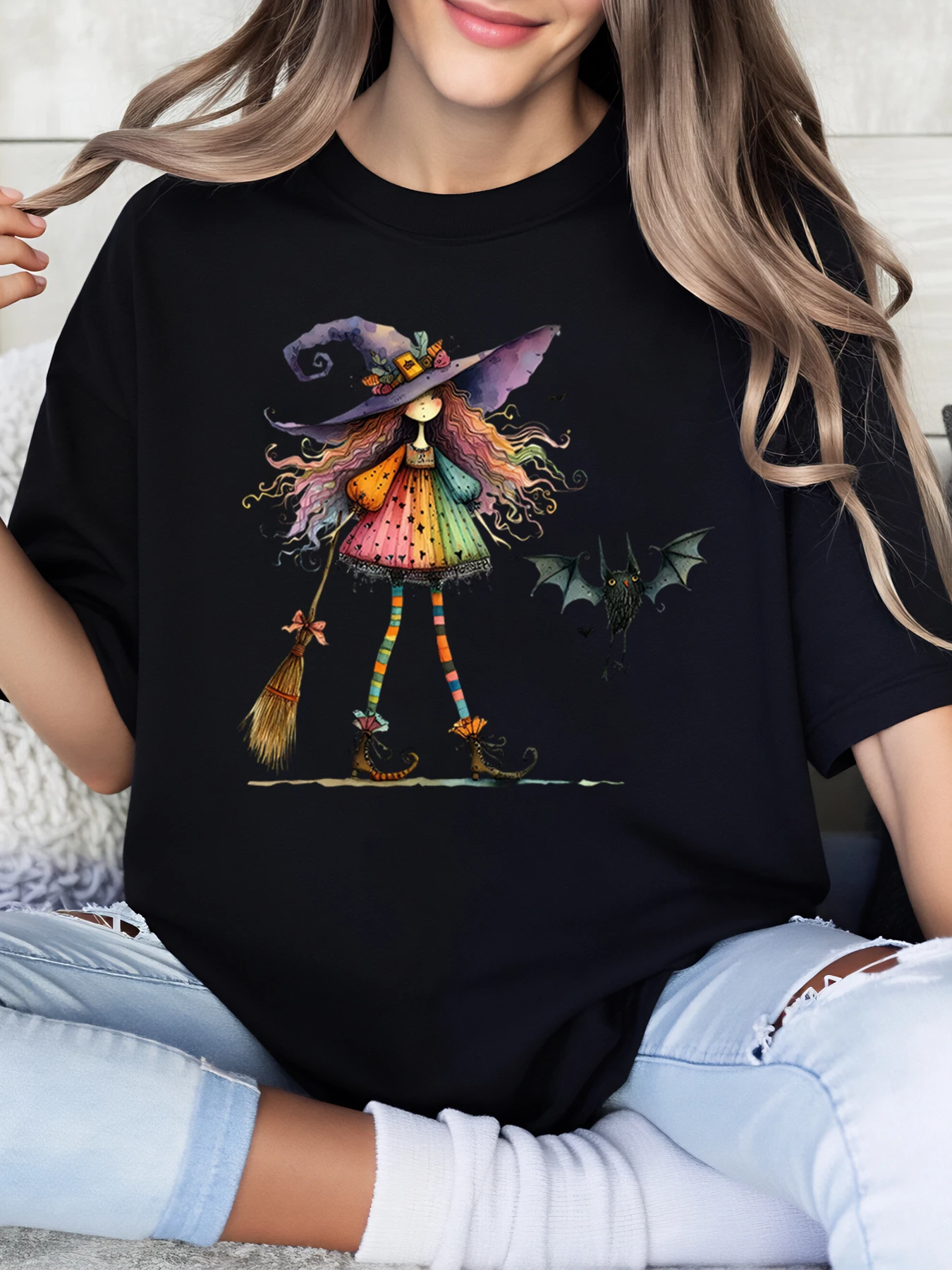 Camiseta de Halloween con estampado de bruja y murciélago caprichosa, ropa informal para mujer, traje de fiesta negro de talla grande
