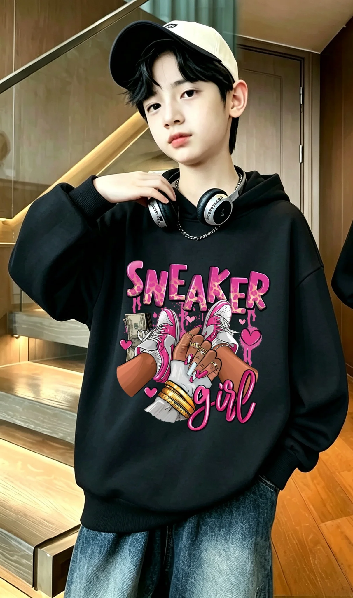 Latest style hip-hop sneakers and heart-shaped letter print children's boys' and girls' pullover sweatshirts