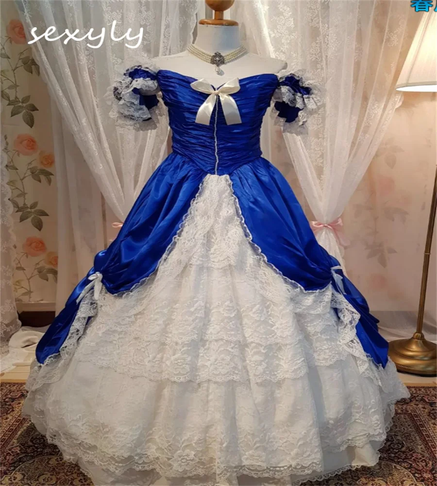 Luxury Royal Blue Lace Wedding Dress 2023 Renaissance Medieval Country Gothic Bridal Gowns Short Sleeve Bow Church Dance Bride