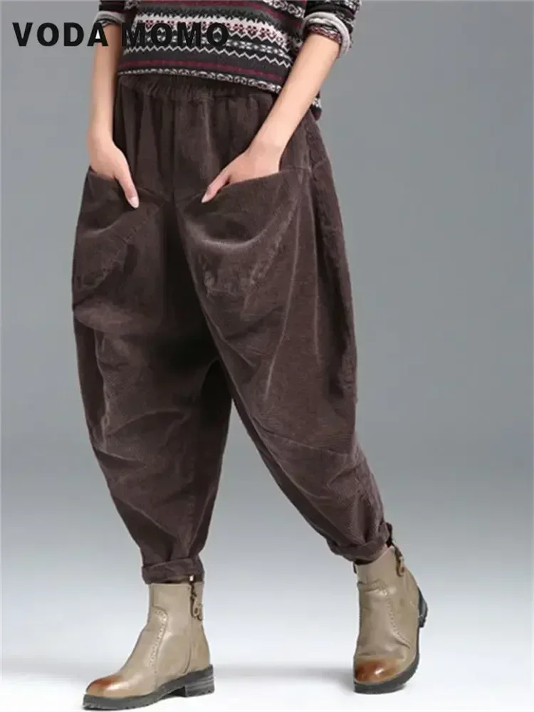 New Spring Autumn Women Corduroy Pants Trend Casual Loose Trousers Vintage Elastic High Waist Streetwear Wide Leg Haren Pants