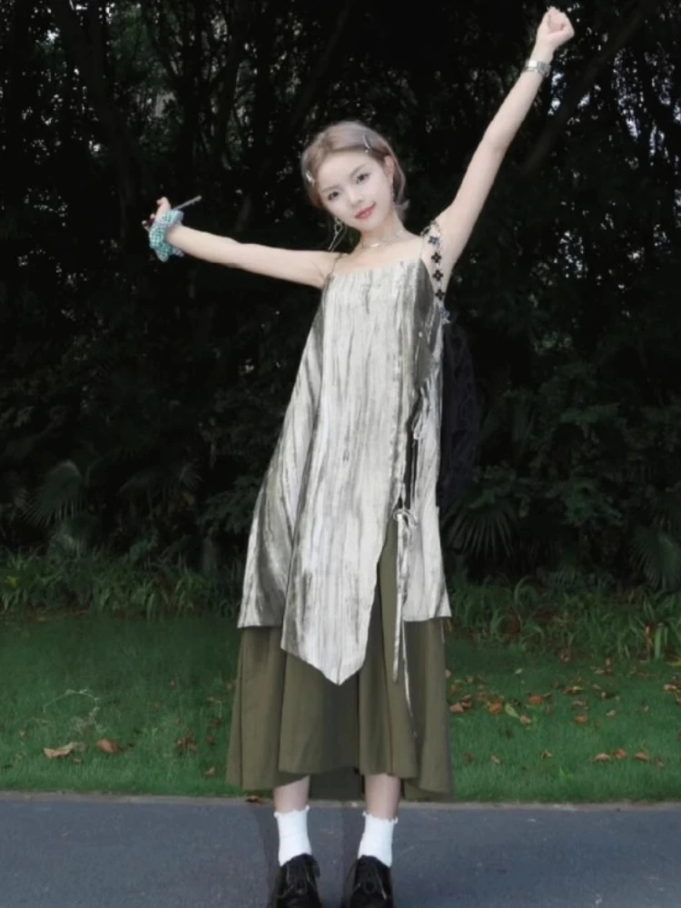 Retro tie dye em camadas cinta falso duas peças maxi vestido y2k feminino verão irregular retalhos saia solta magro boêmio vestido de praia