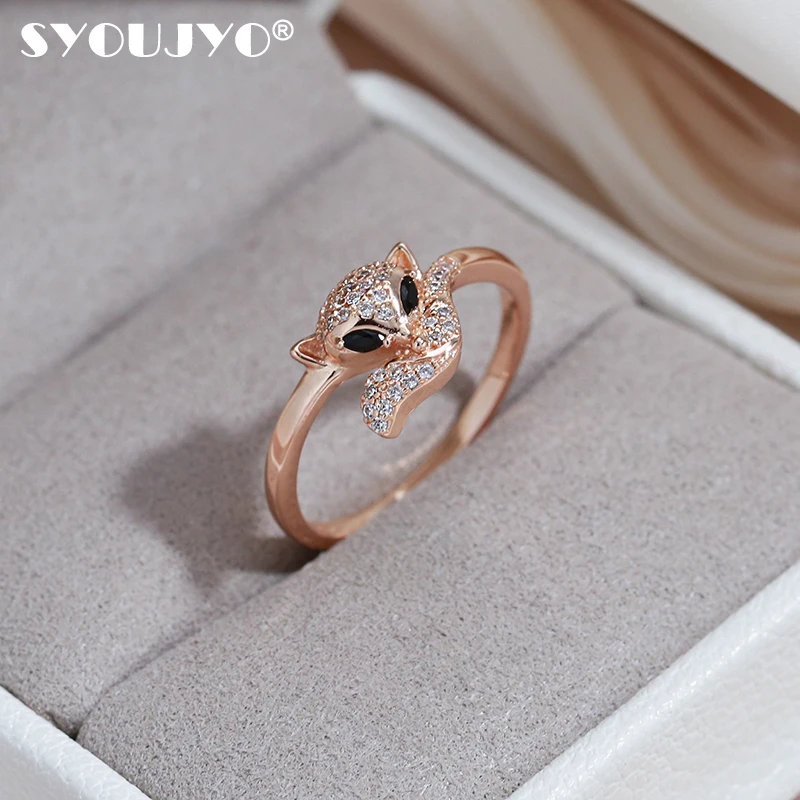 SYOUJYO 585 Rose Gold Color Cute Fox Rings For Women Anniversary Party Fashion Accessories Natural Zircon Full Paved Rings Gifts