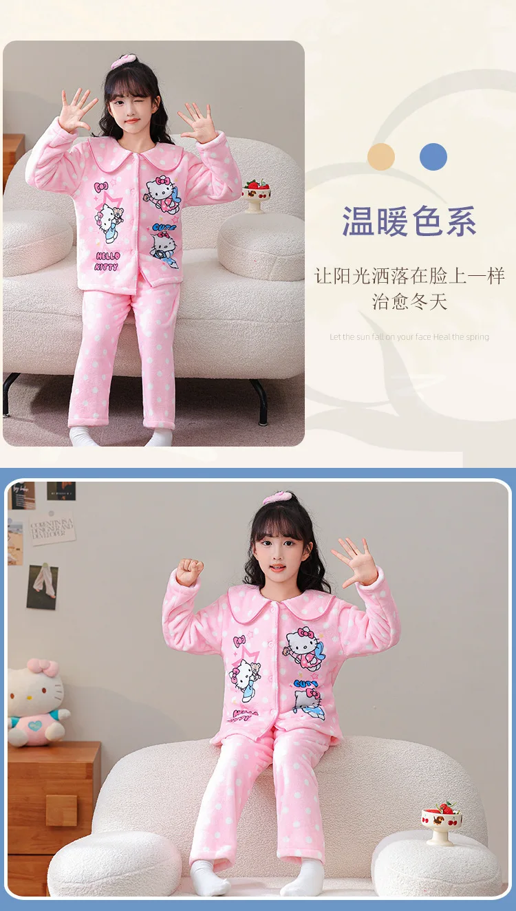 بيجامة سانريو هالو كيتي سينامورول للفتيات فترة الربيع والخريف كارتون Y2K طقم مكون من قطعتين بأكمام طويلة من الصوف المرجاني الحلو #4