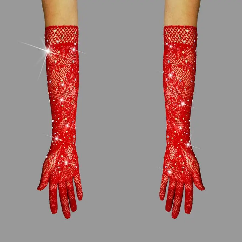 Full Finger Gloves Women Rhinestone Fishnet Lace Mesh Stretchy Sparkling Club Dance Sexy Stage Performance Adult Black Light Fun