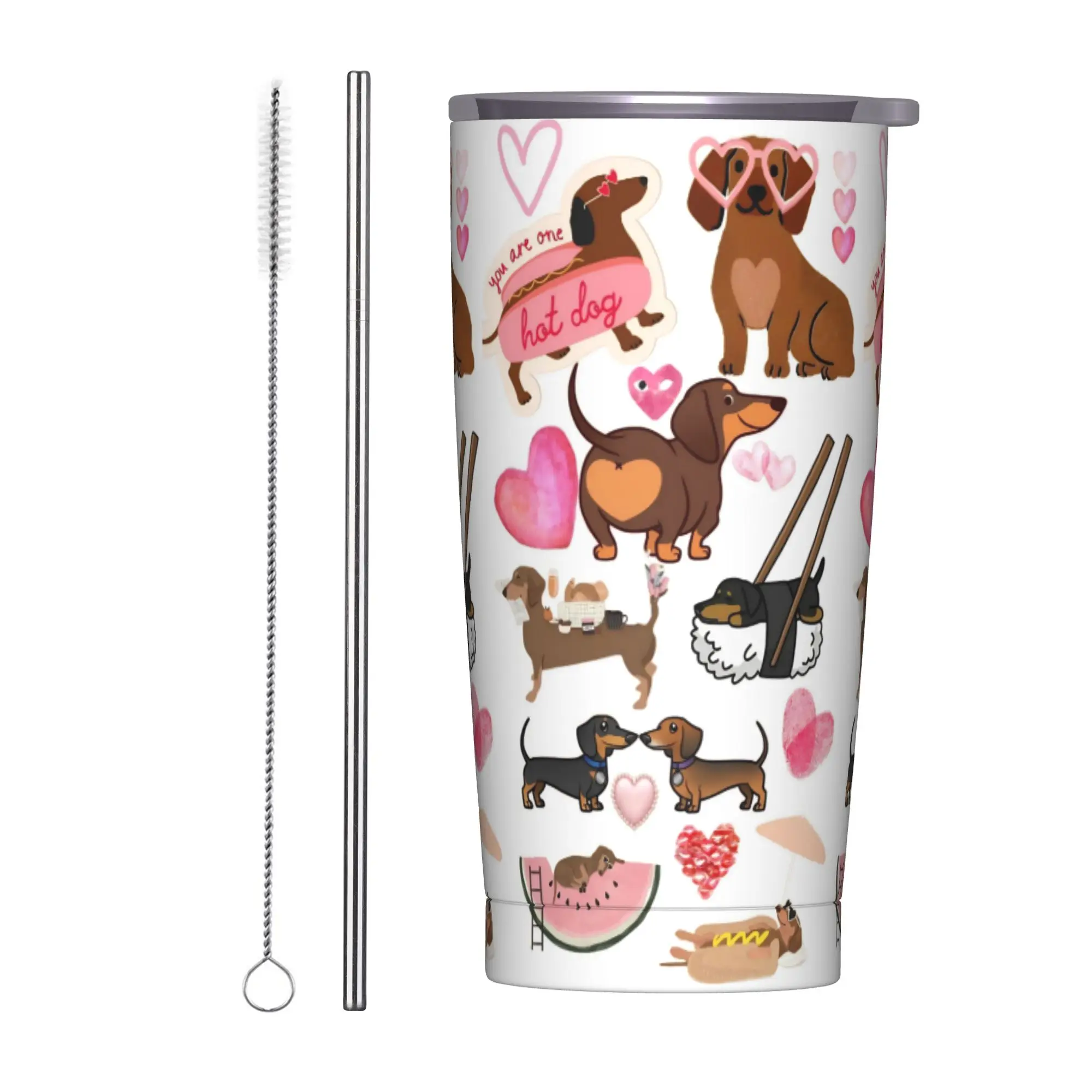 Dachshund Tumbler Vacuum Insulated Dogs Animal Valentine's Day Thermal Cup with Lid Straw Car Mugs Hot Cold Drink, 20oz