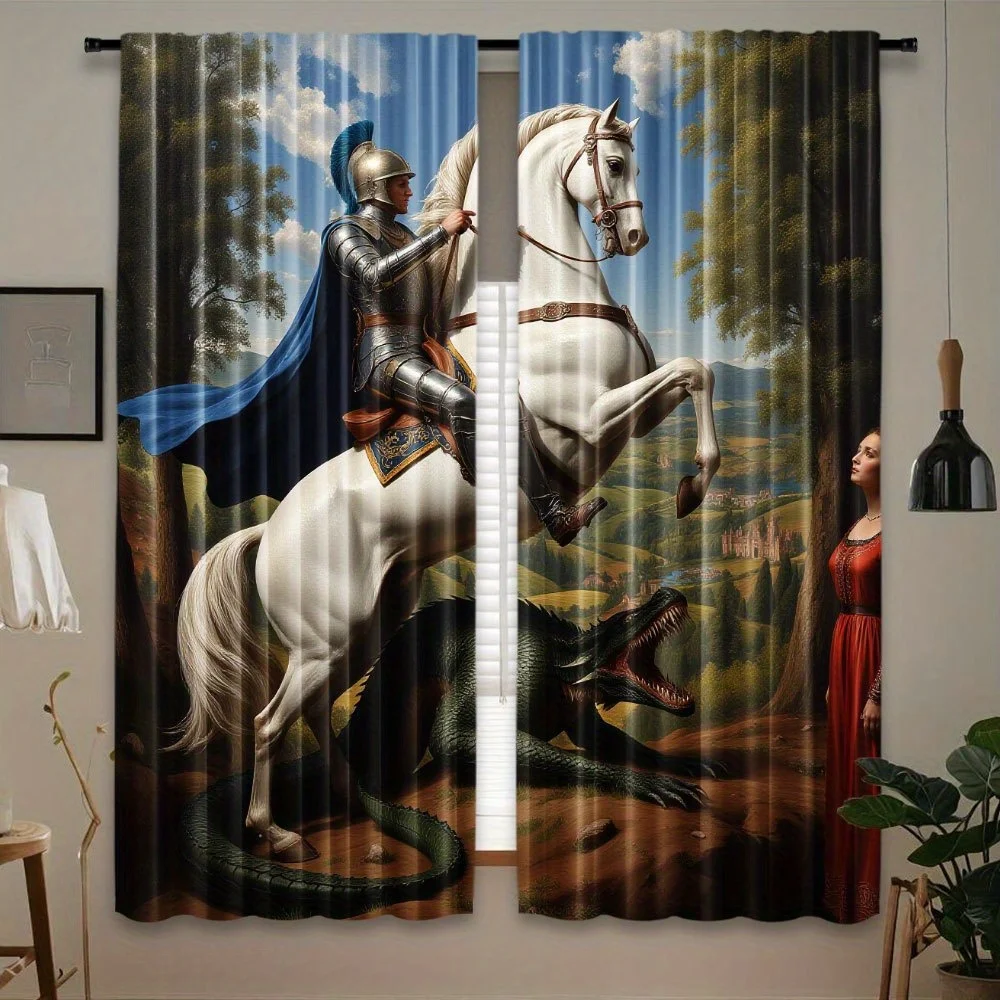 Epic Fantasy Knight and White Horse Dragon Curtain Medieval Gothic Art Window Treatment Dramatic Blue Scene Drapery