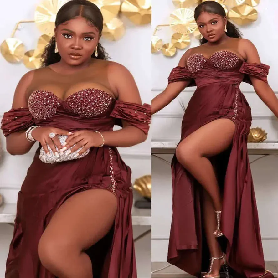 

Customized Sexy Tight-Fitting Side-Slit Ball Dress Crystal Beaded Satin Pleated Party Formal Beauty Bridesmaid Evening Dress