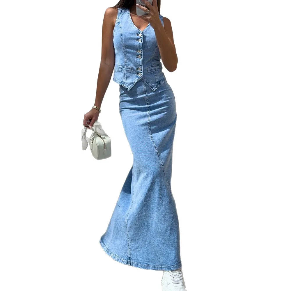 Set atasan dan rok denim wanita musim panas 2025, model kasual tanpa lengan dengan kancing, dua potong, 5-052201