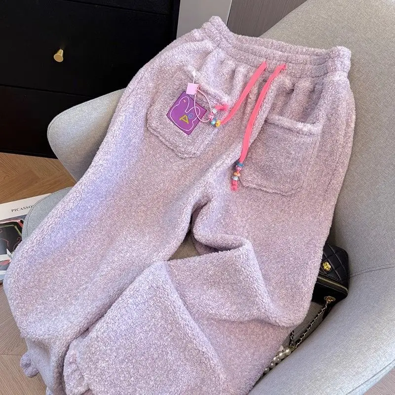 Cuteore Cartoon Pants Women Winter Warm Thick Lilac Snow Pants Oversized Straight Joggers Women Sweatpants Baggy Fleece Trousers