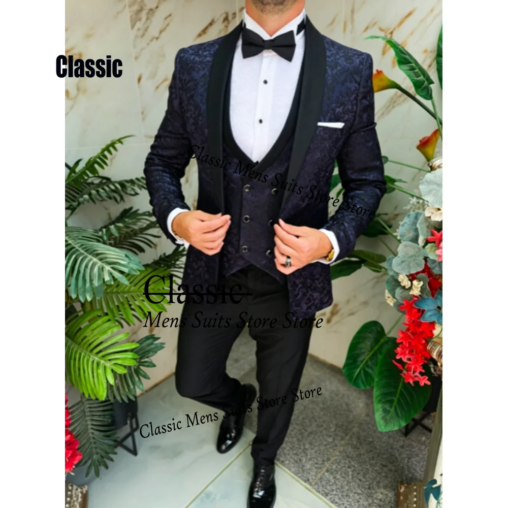 Customized Jacquard Business For Men Suit Simple Embroidery 3 Pieces Groom Male Blazers Ropa hombre Fashion Slim Wedding Tuxedos