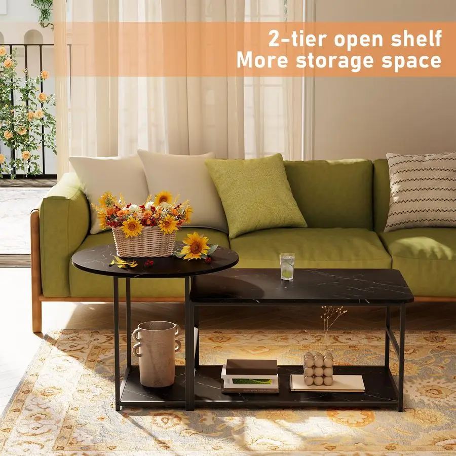 Coffee Table, Black Modern Coffee Tables for Living Room 2 in 1Detachable Small Center Table Set with Storage, Black Marble