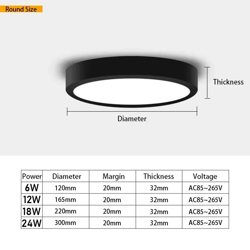 Luz de painel LED redonda e quadrada, Lâmpadas de teto, Downlights montados na superfície, Home Decor, Iluminação interior, AC86-265V, 6W, 9W, 12W,