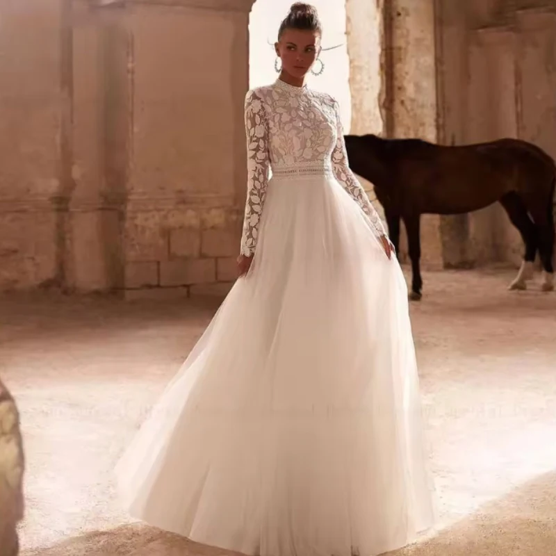 

Elegant Wedding Dresses High Collar Lace Long Sleeve for Brides Dress with Draped Bridal Gown Customized فستان الزفاف
