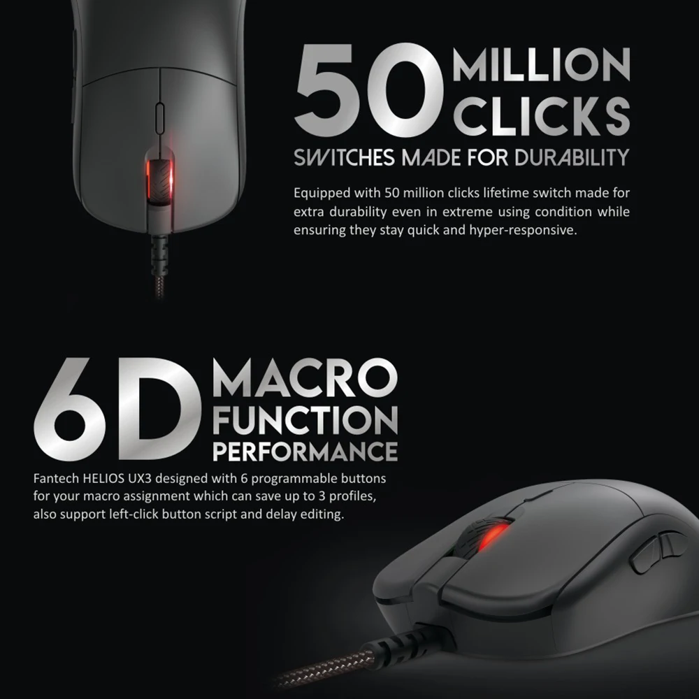 FANTECH HELIOS UX3 Gaming Wired Mouse PIXART 3389 16000DPI and 6D Macro Buttons Mice 50 Million Switch for PC Mouse Gamer