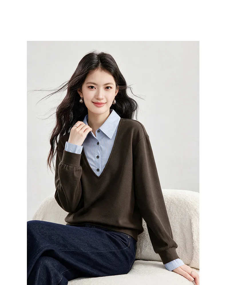 VIMLY Fake Two-piece Striped Collar Sweatshirt for Women 2026 Autumn Coffee Color Commute Casual Loose-fit Female Pullover A7577