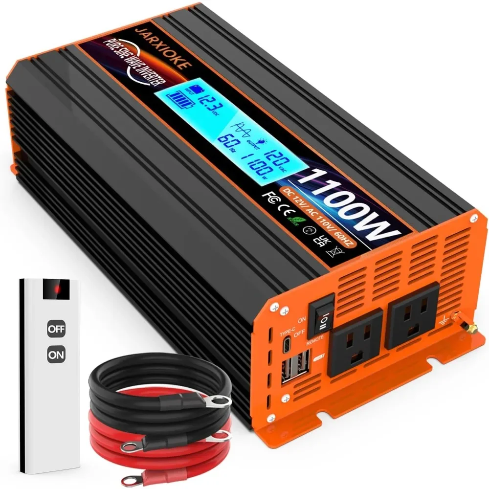 Pure Sine Wave Power Inverter 1100W 12V DC to 110V 120V AC Car RV Solar Converter with LCD Display USB Type-C Ports Wireless