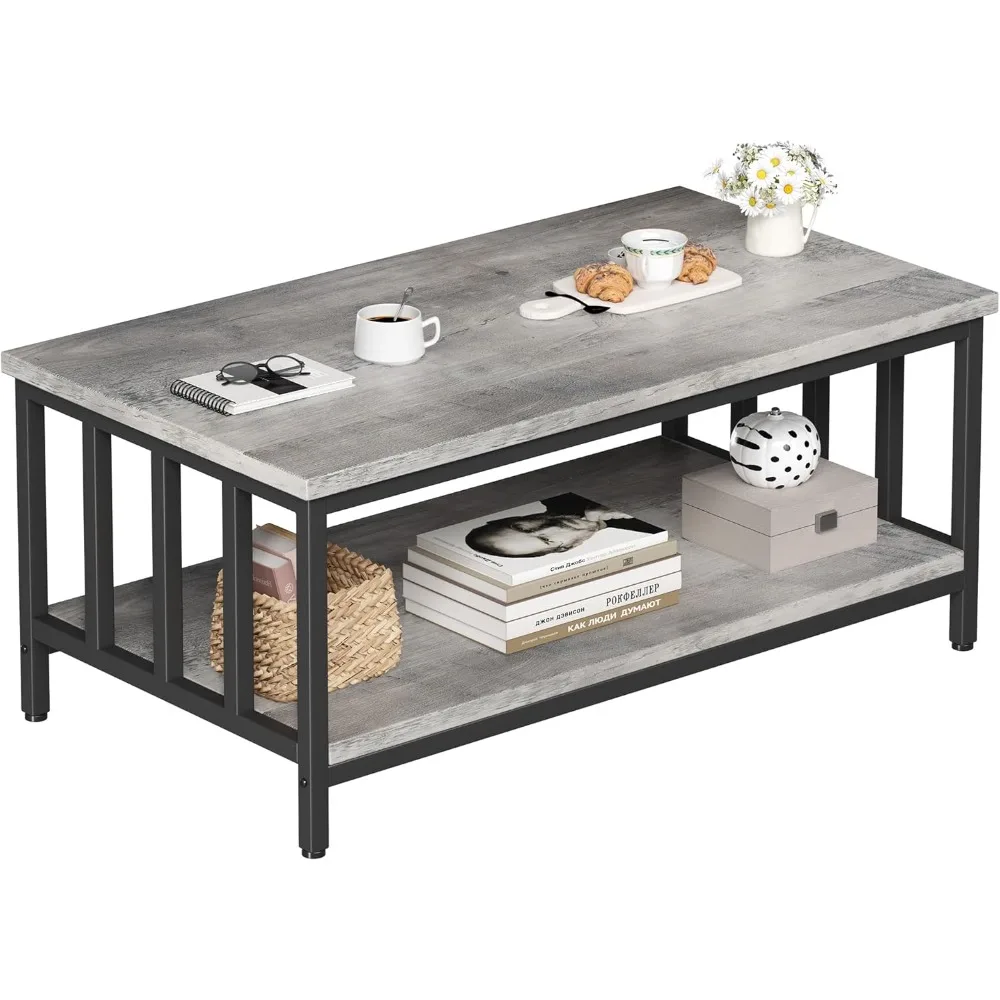 

Coffee Table for Living Room w Slatted Sides Frame, Modern Farmhouse Living Room Table with 2-Tier Storage Shelf for Home Office