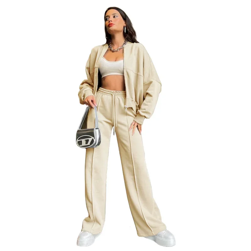 Herfst en winter nieuwe producten effen kleur rits vest trui damesmode casual rechte broek set