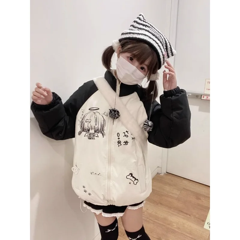 

Subculture Gothic Women Coats with Hoodies Vintage Korean Harajuku Black Jackets Faux Fur Coat Female Loose Casual Sweatshirt