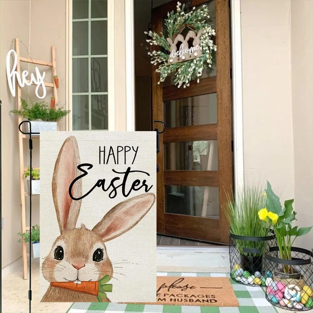 CROWNED BEAUTY Happy Easter Bunny Garden Flag 12x18 Inch Double Sided for Outside Small Burlap Carrot Rabbit Holiday Yard De SSL