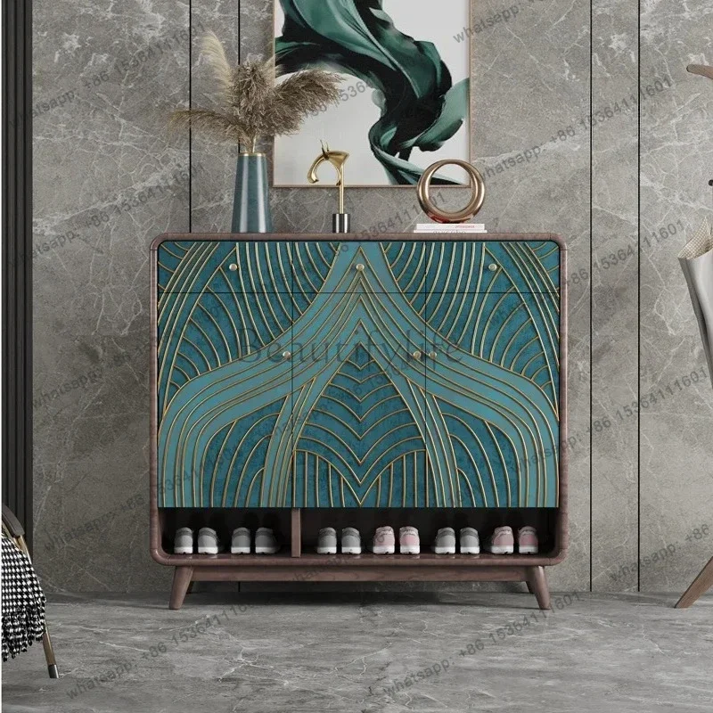 60.Light luxury solid wood shoe cabinet Home storage porch cabinet Multifunctional American living room integrated locker