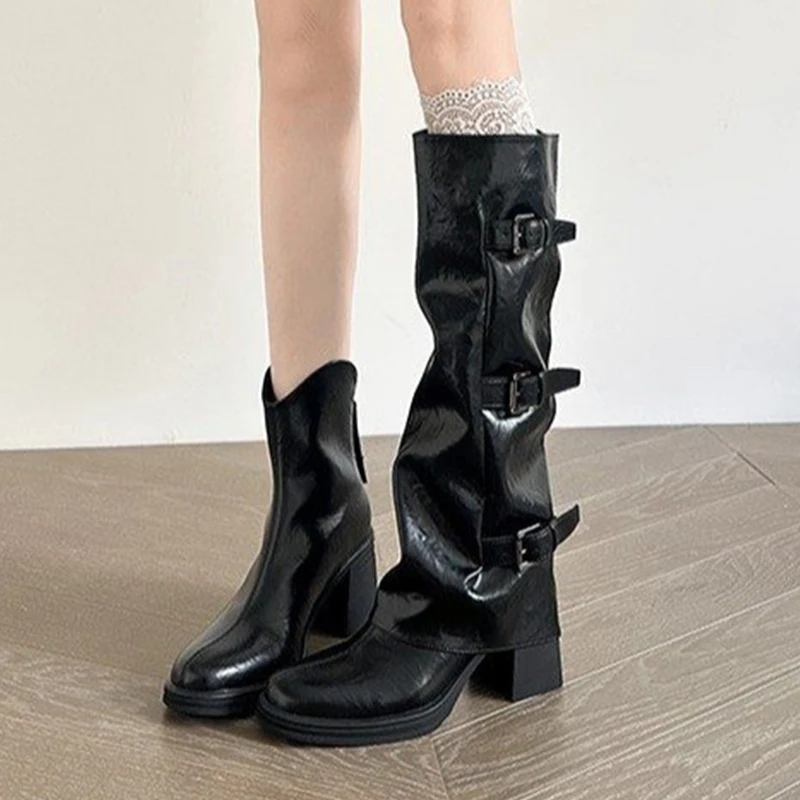 

Женские высокие сапоги, туфли на высоком каблуке, сапоги до колена, дизайнерская женская обувь 2025, зимние пикантные мотоциклетные ботинки, короткие ботинки с пряжкой
