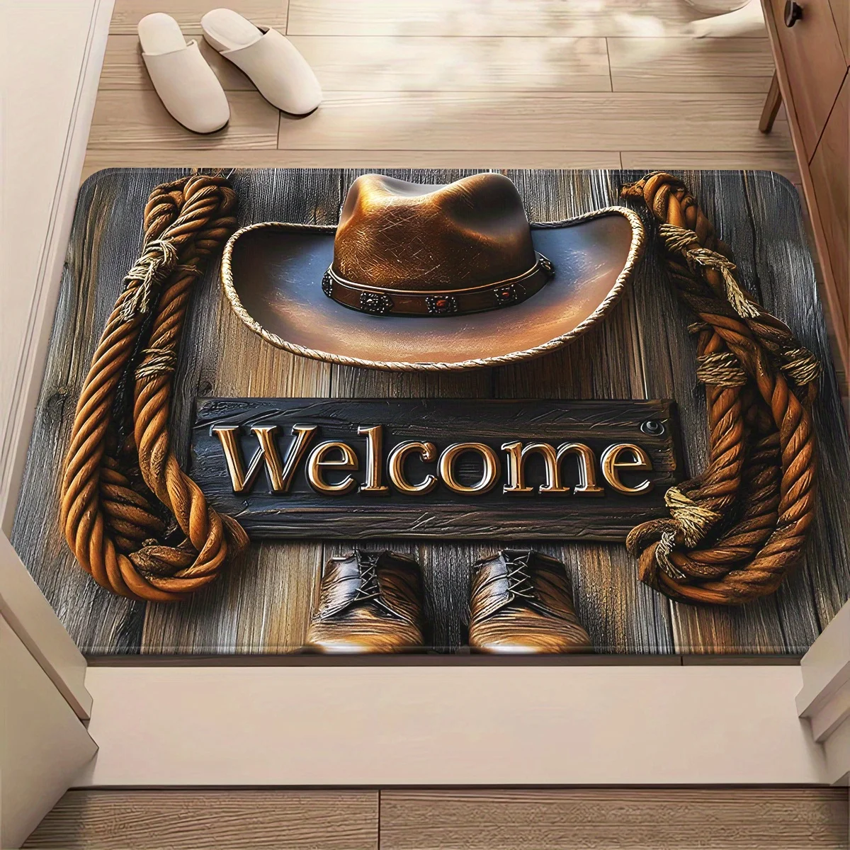 Cowboy Hat Boots Welcome Mat Carpet, Non-Slip Absorbent Microfiber HD Print  for Bathroom Bedroom Living Room Decor