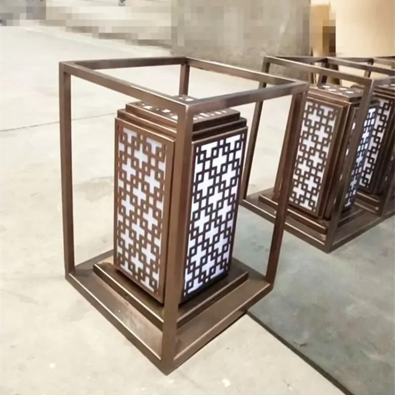 Wood Grain Marble Lantern Pillar Decor Garden Lawn Lamp Patio Landscape Floor Column Lights Path Bollard Light