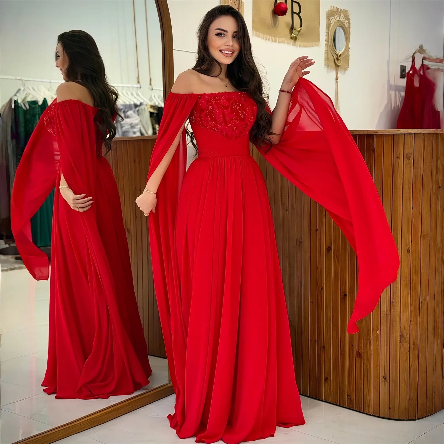 

EDECPBM Beading Evening Dress Women Elegant European Design Red Chiffon Formal Events Party Customized Robes de Soirée New