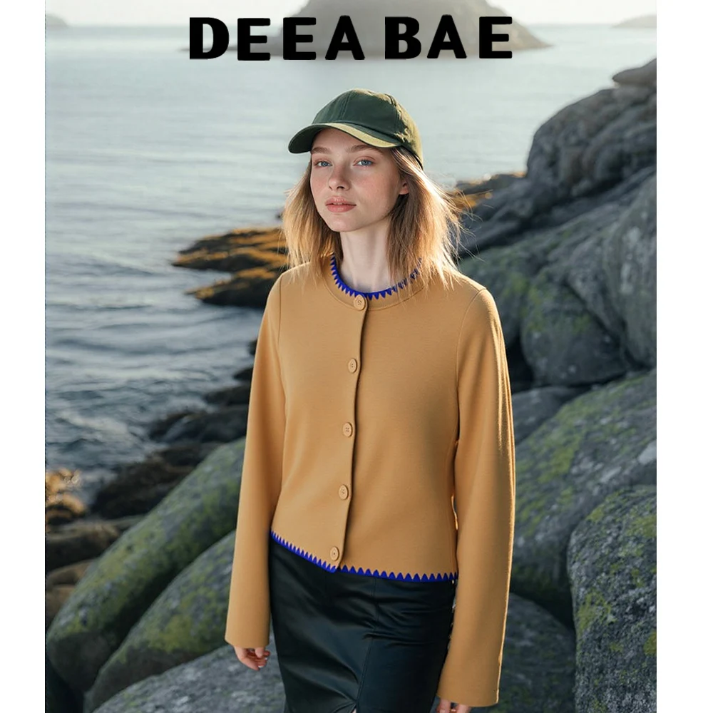

DEEABAE 2025 Autumn New Product Women's Wear High Grade Contrast Embroidery Round Neck Long Sleeve Knitted Cardigan Coat