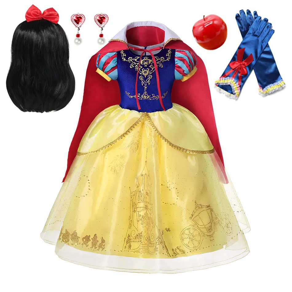 Disney Princess Dress Suit Charm for Girls Cosplay Cinderella Belle Aurora Snow White Mesh Ball Gown Carnival Birthday Costume